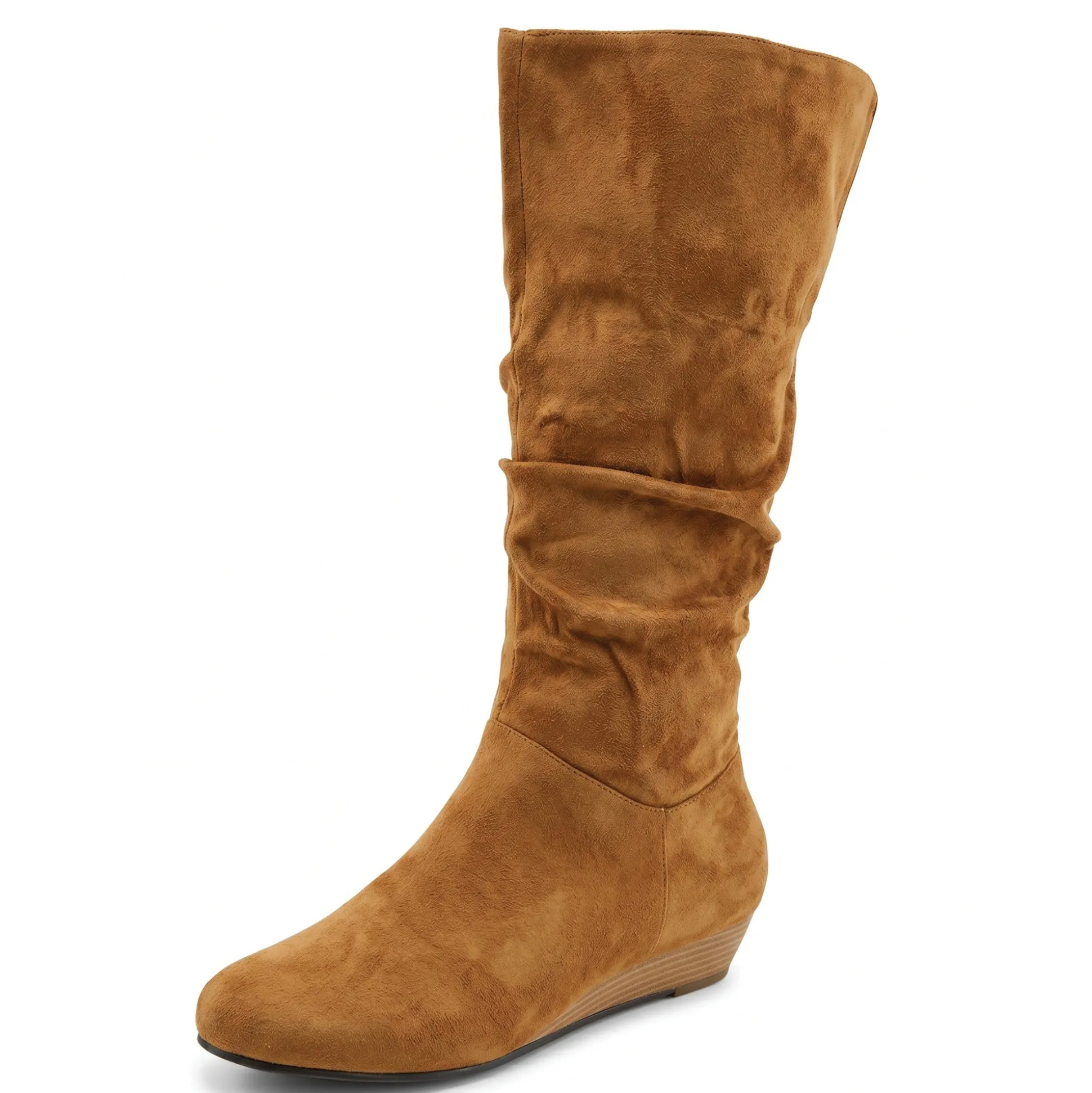 Amanda D'Laurie Tall Scrunch Boot: Rich Suede Look with 1" Wedge Heel