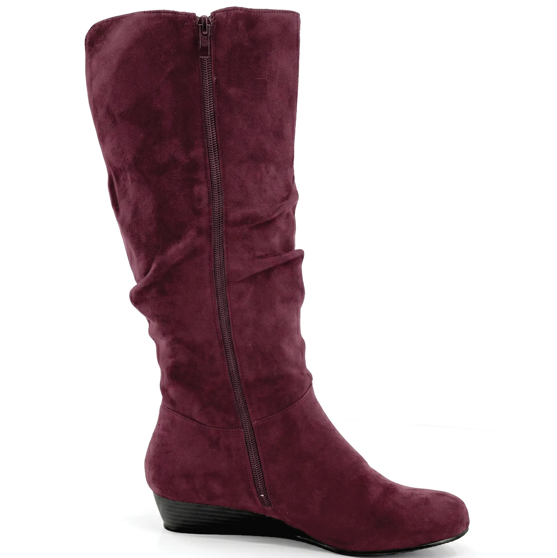Amanda D'Laurie Tall Scrunch Boot: Rich Suede Look with 1" Wedge Heel