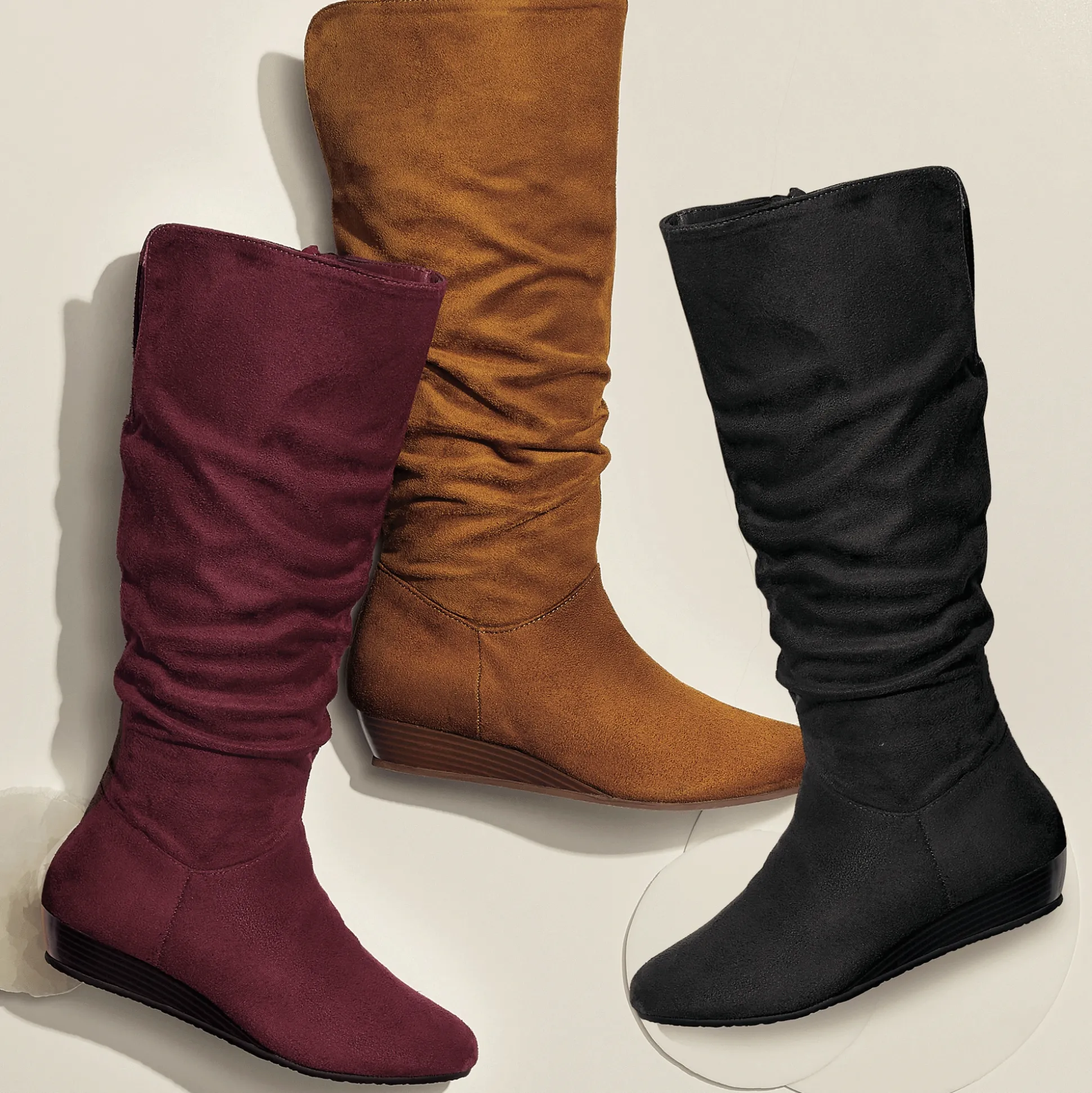 Amanda D'Laurie Tall Scrunch Boot: Rich Suede Look with 1" Wedge Heel