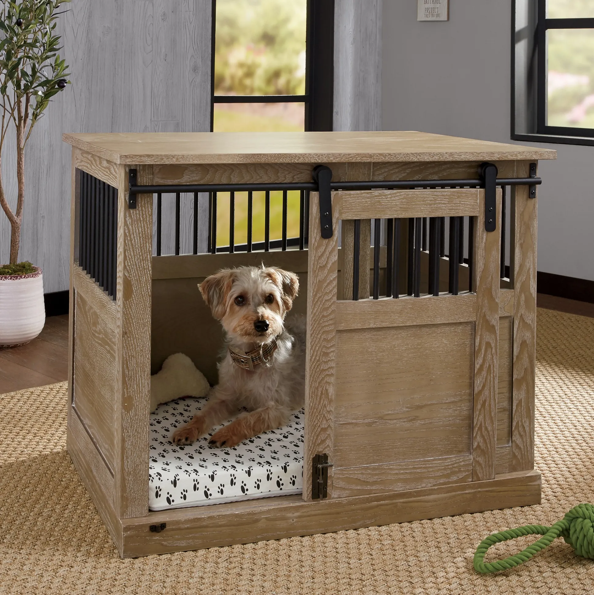 Barn Door Style Decorative Pet Crate End Table