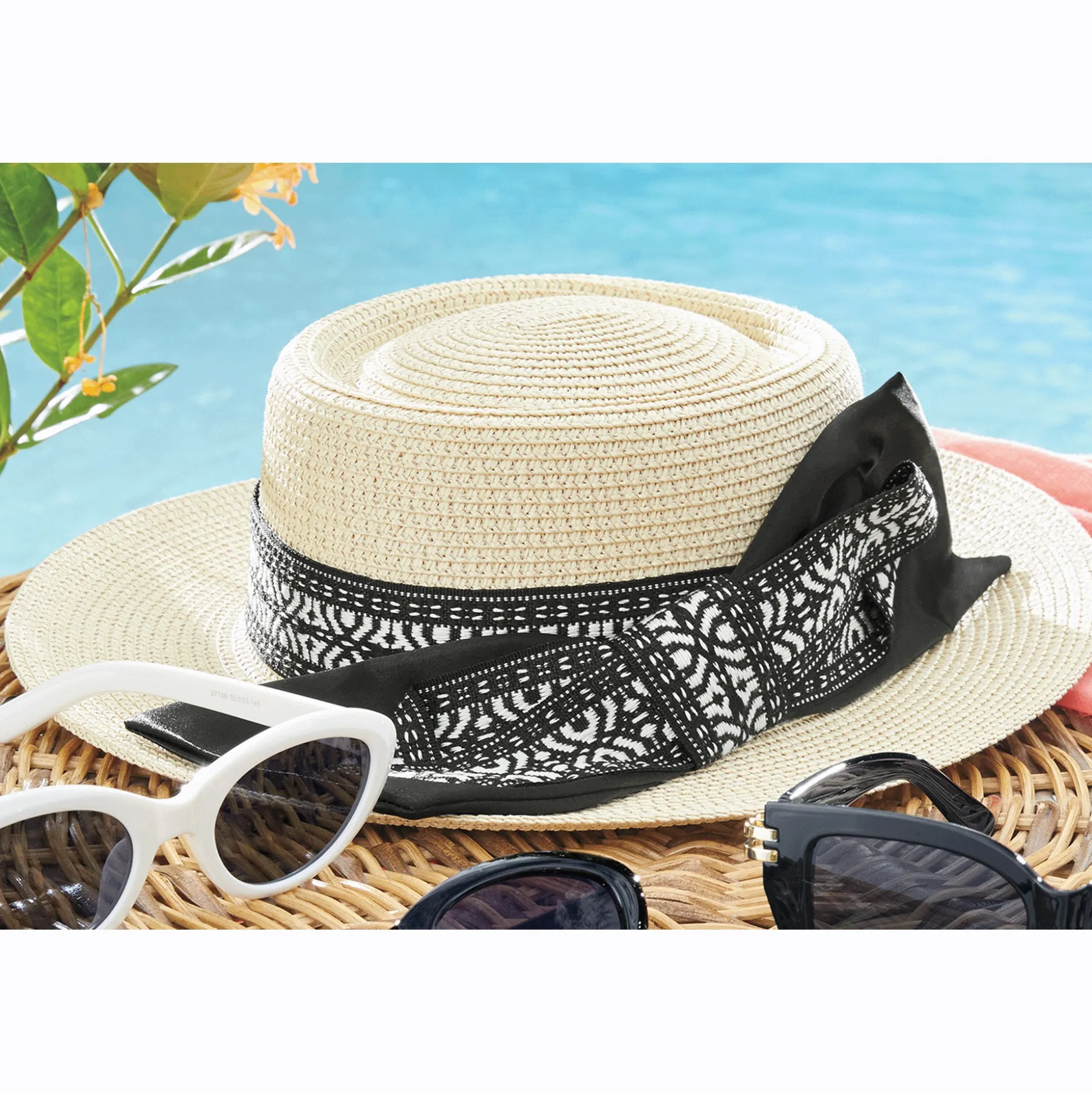 Bowbrim Straw Hat with Woven Ribbon and Adjustable Fit