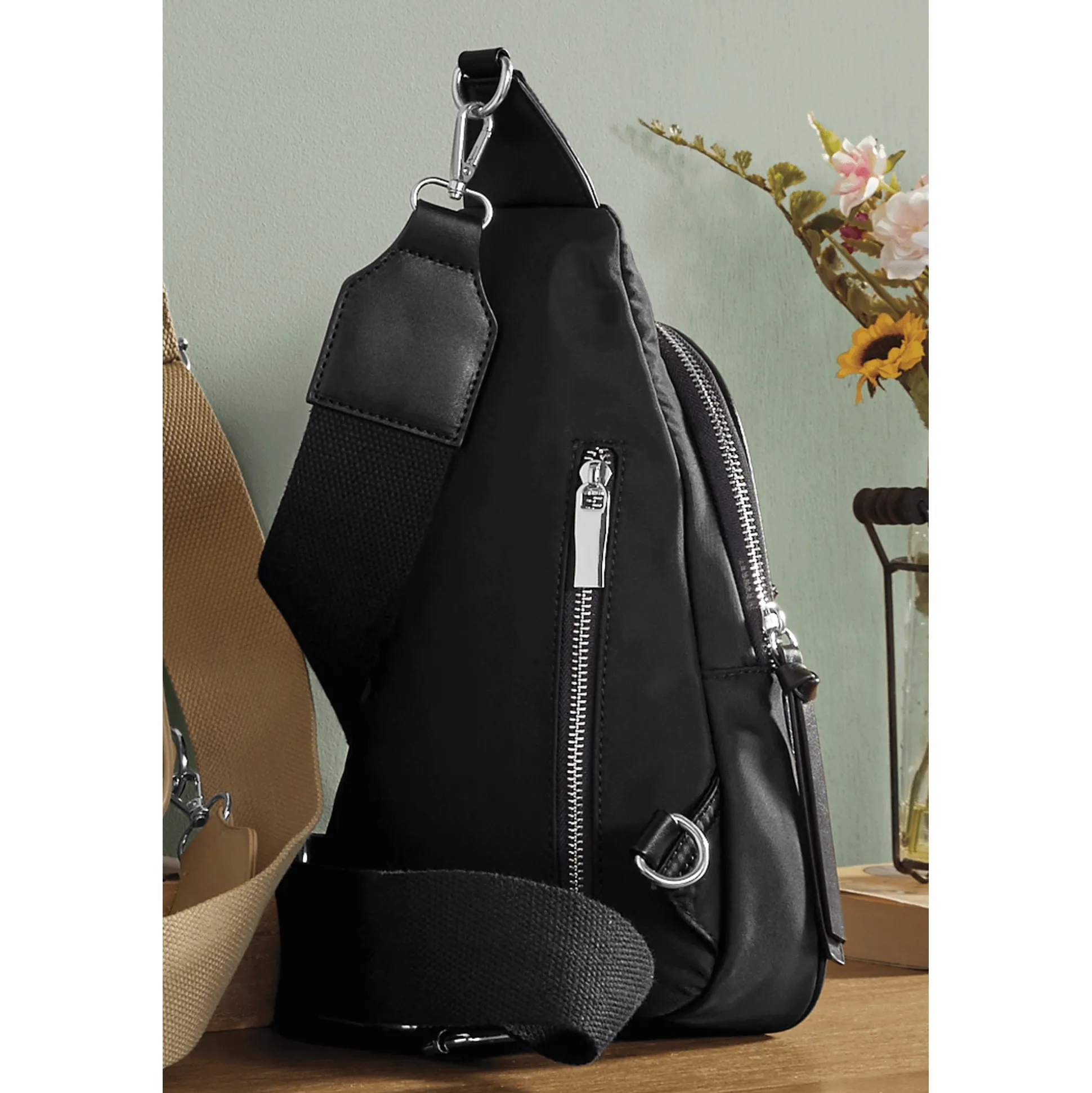 Canvas Slingbag with Zip Closures and Durable Nylon