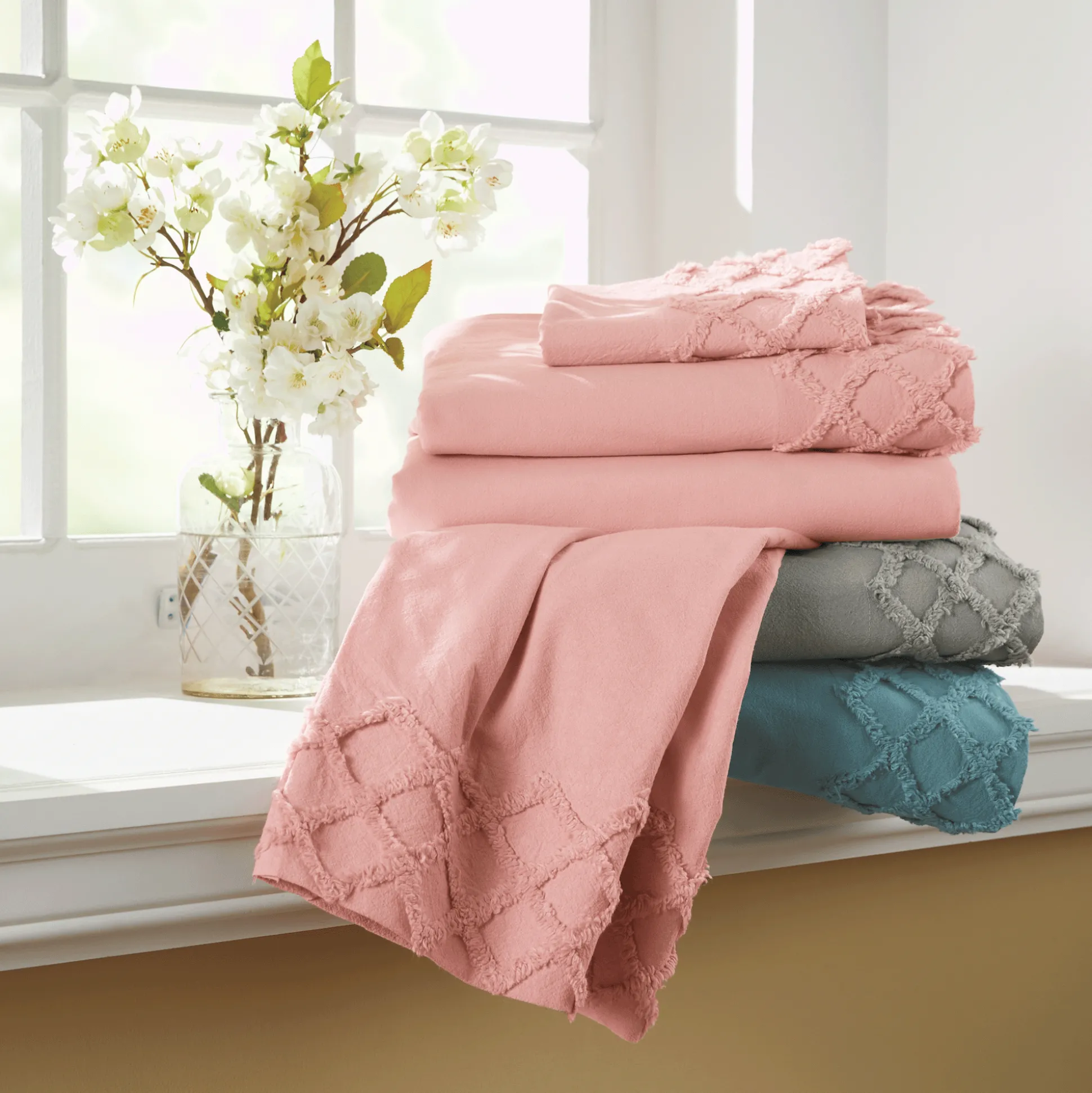 Chenille Diamond Hem Faux Linen Sheet Set