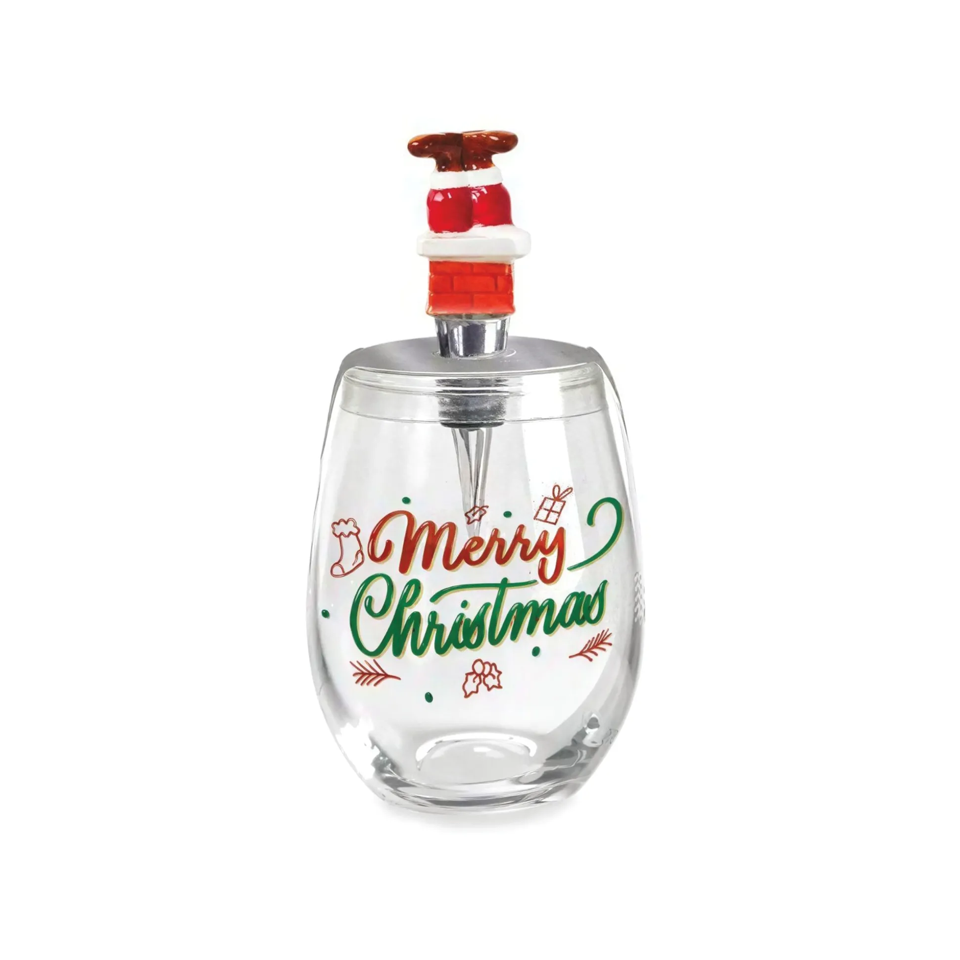 Christmas Stemless Wine Glass with Stopper