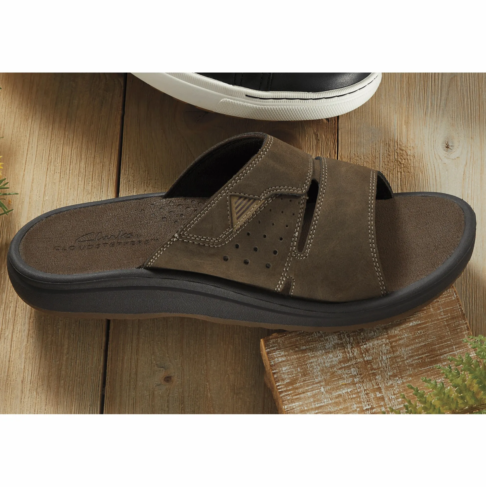 Clarks Leather Breeze Slide with Adjustable Fit and Contoured Footbed