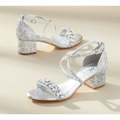 Cross-Strap Glitter Sandal with Rhinestones and 2” Block Heel