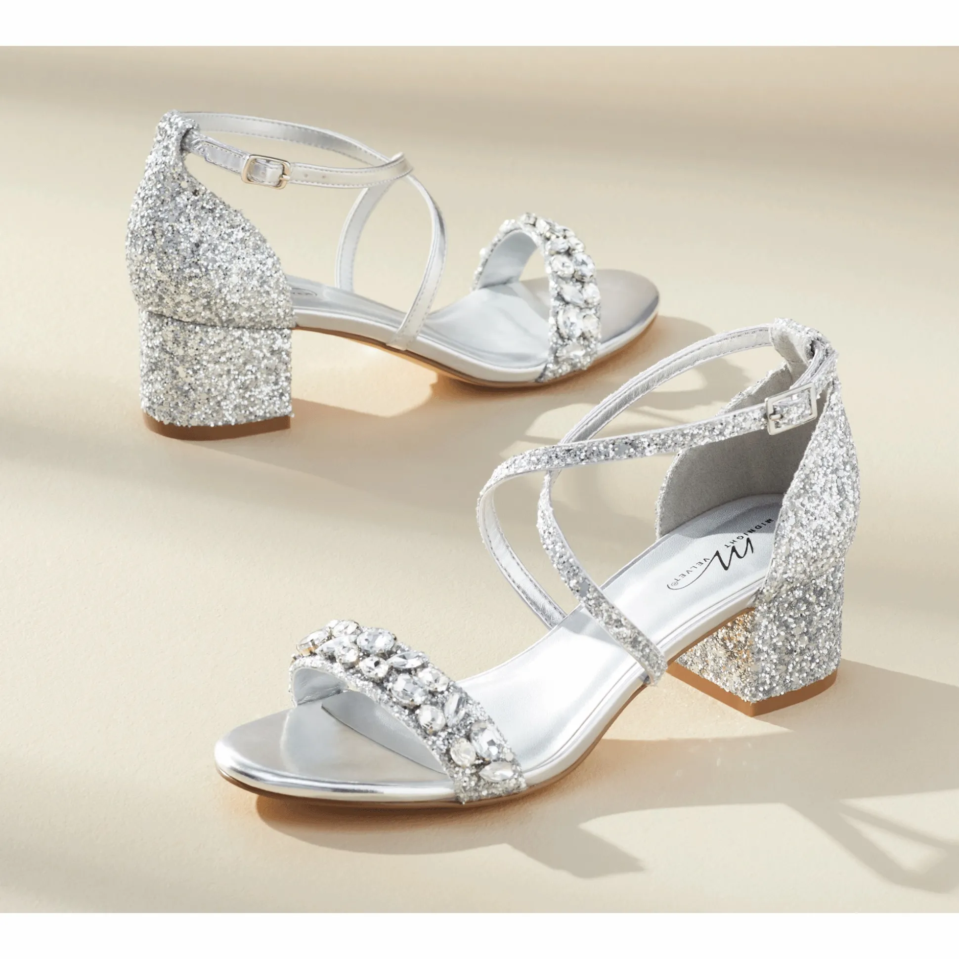 Cross-Strap Glitter Sandal with Rhinestones and 2” Block Heel