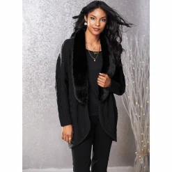 Diana Cocoon-Style Women's Cabel-Knit Cardigan with Removable Faux Fur Trim