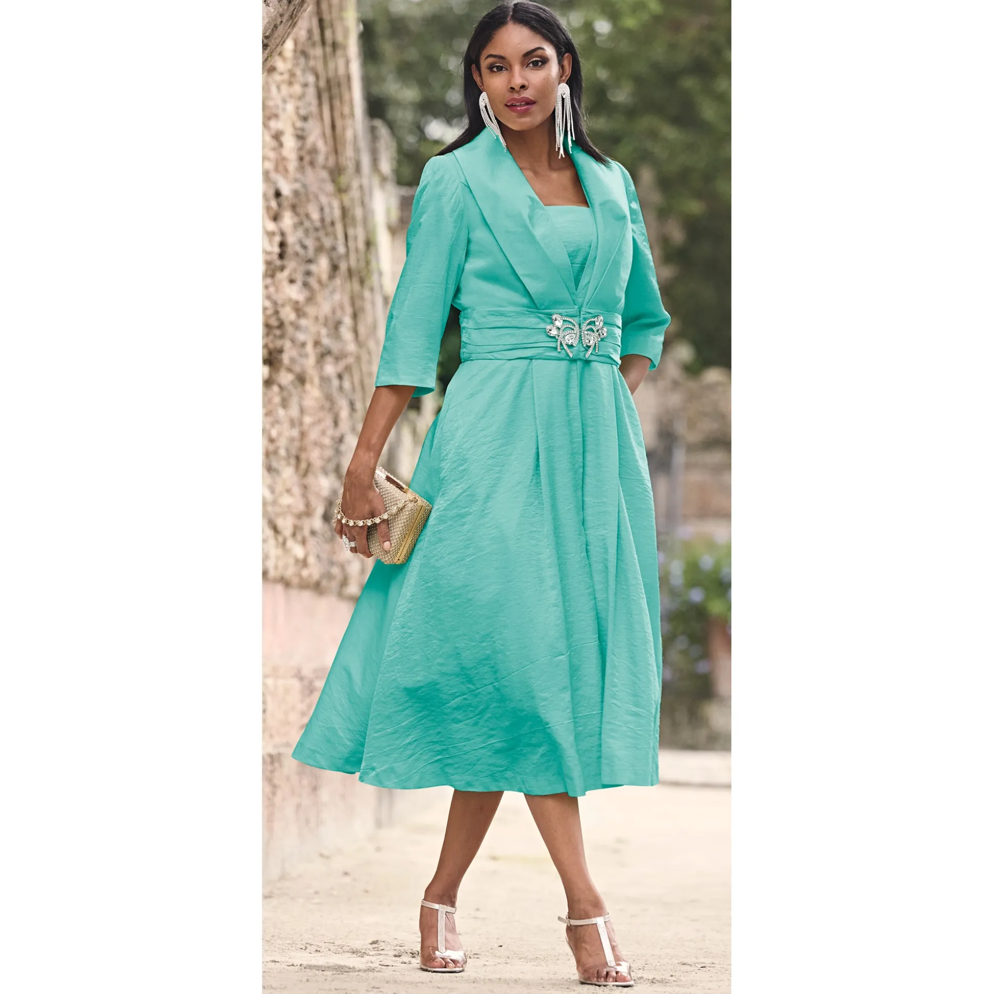 Elegant Fit-and-Flare Sparkling Jacket Dress with 3/4 Sleeve