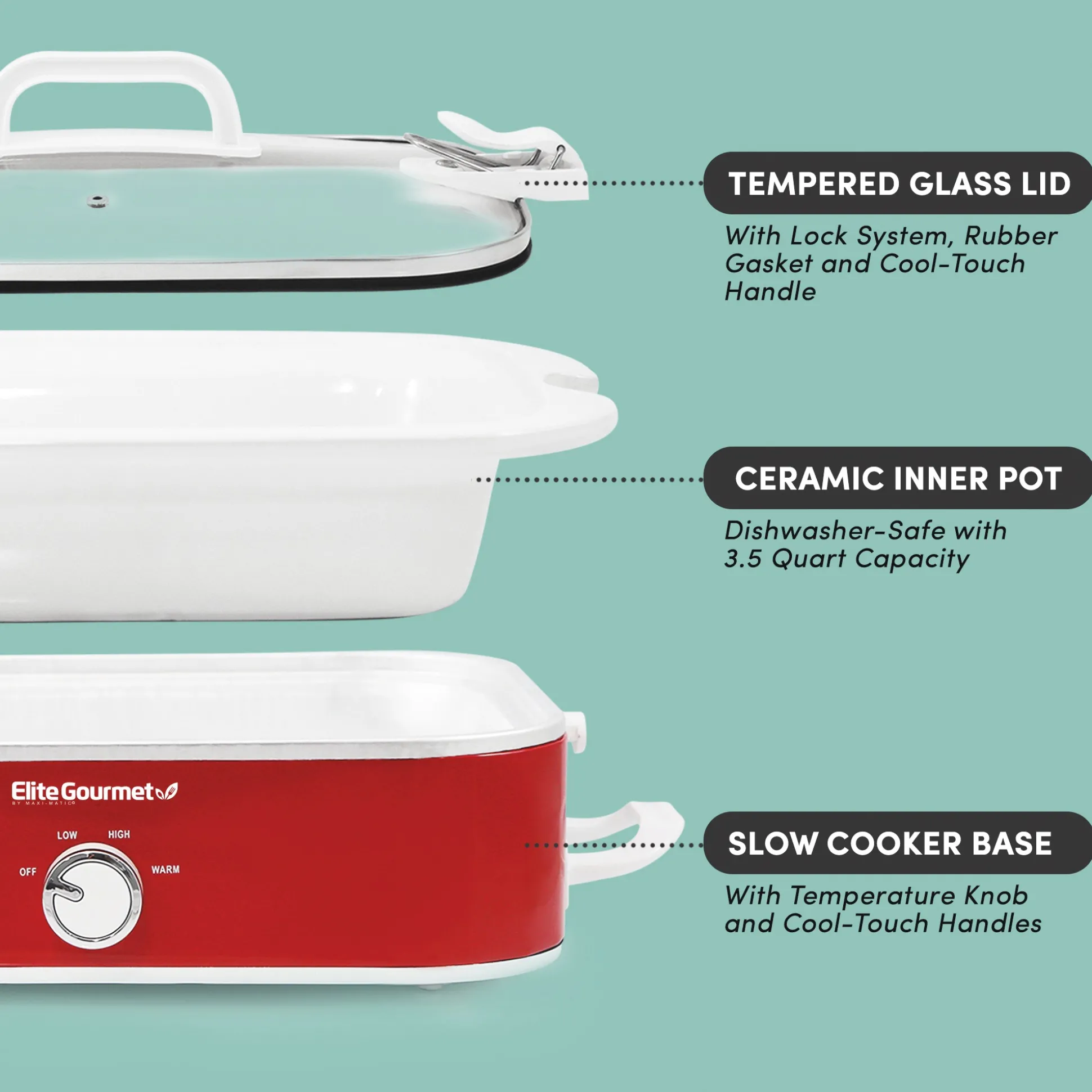 Elite Gourmet 3.5-Quart Slow Cooker with Locking Lid