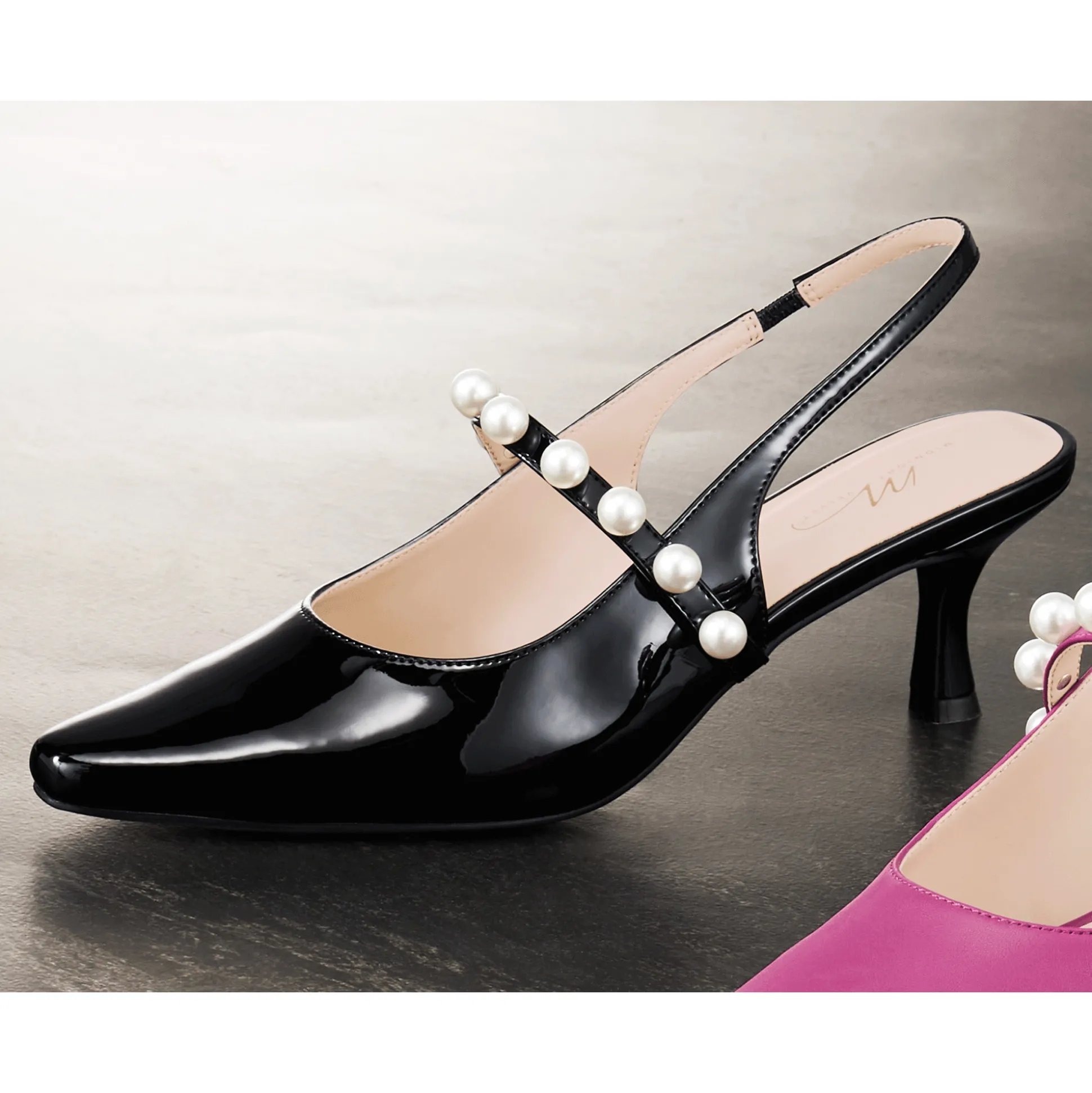 Faux-Pearl Strapped Slingback for Women with 2.5" Heel and Memory Foam