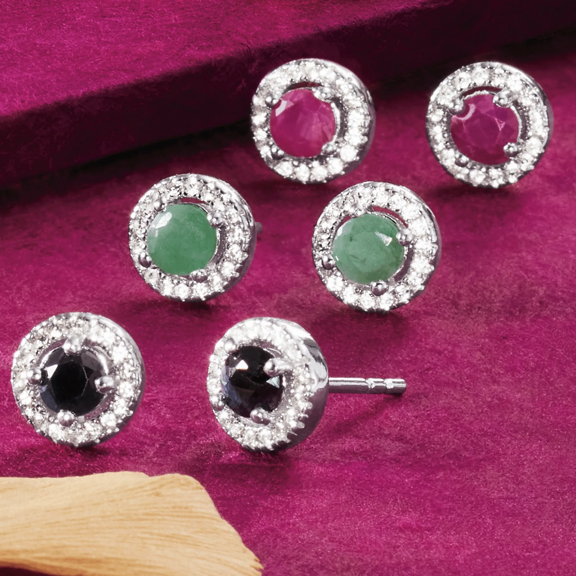 Gemstone 3-Pair Halo Stud Earring Sets