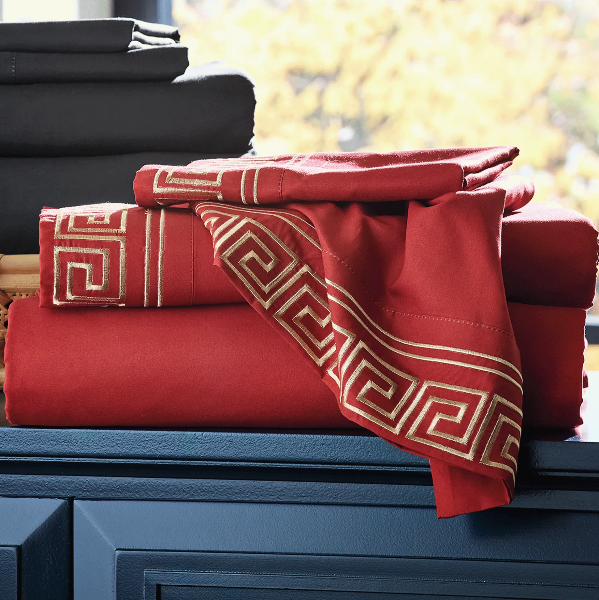 Greek Key Embroidered Microfiber Sheet Set