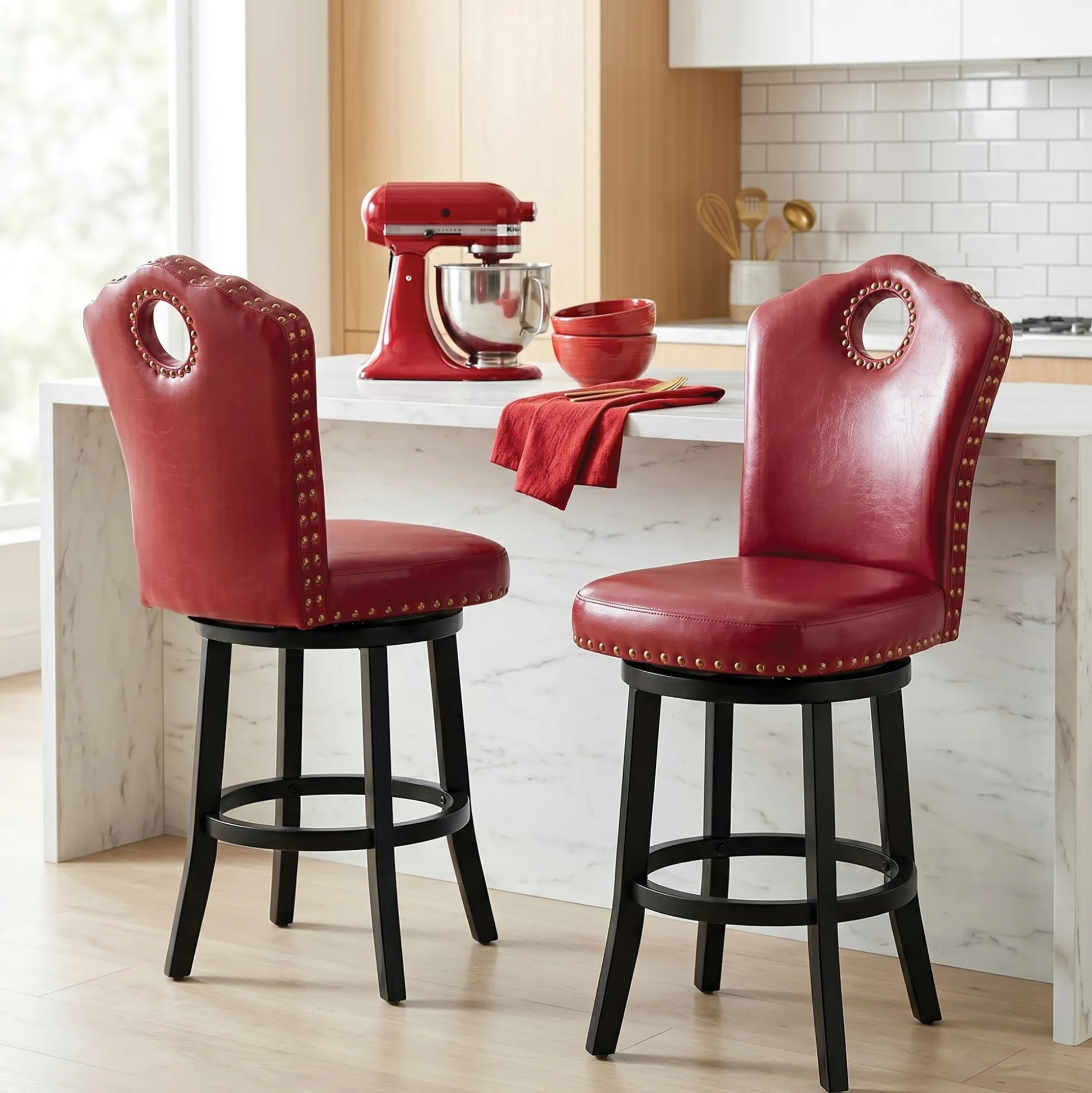 High-Back Swivel Bar or Counter Stool with Nailhead Trim