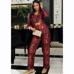 Jenna Jacquard Women's Pant Suit Set with Brooch Closure