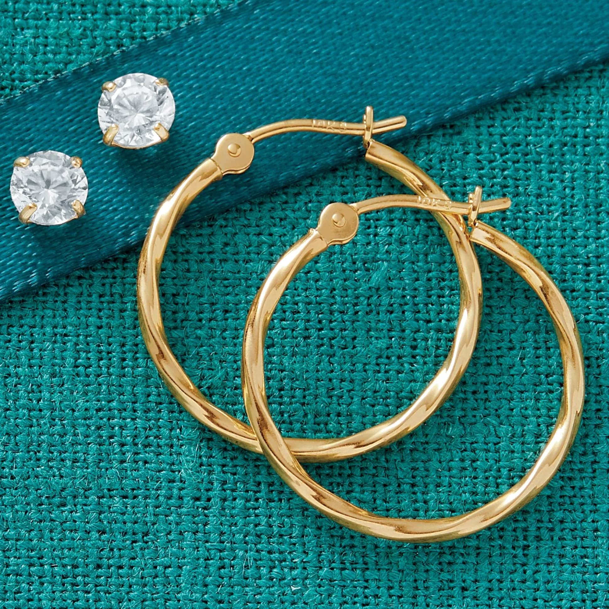 10K Gold 2-Pair Hoop and Cubic Zirconia Earring Set
