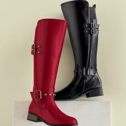 Knee-Length Women's Riding Boot with Buckles and Studded Straps