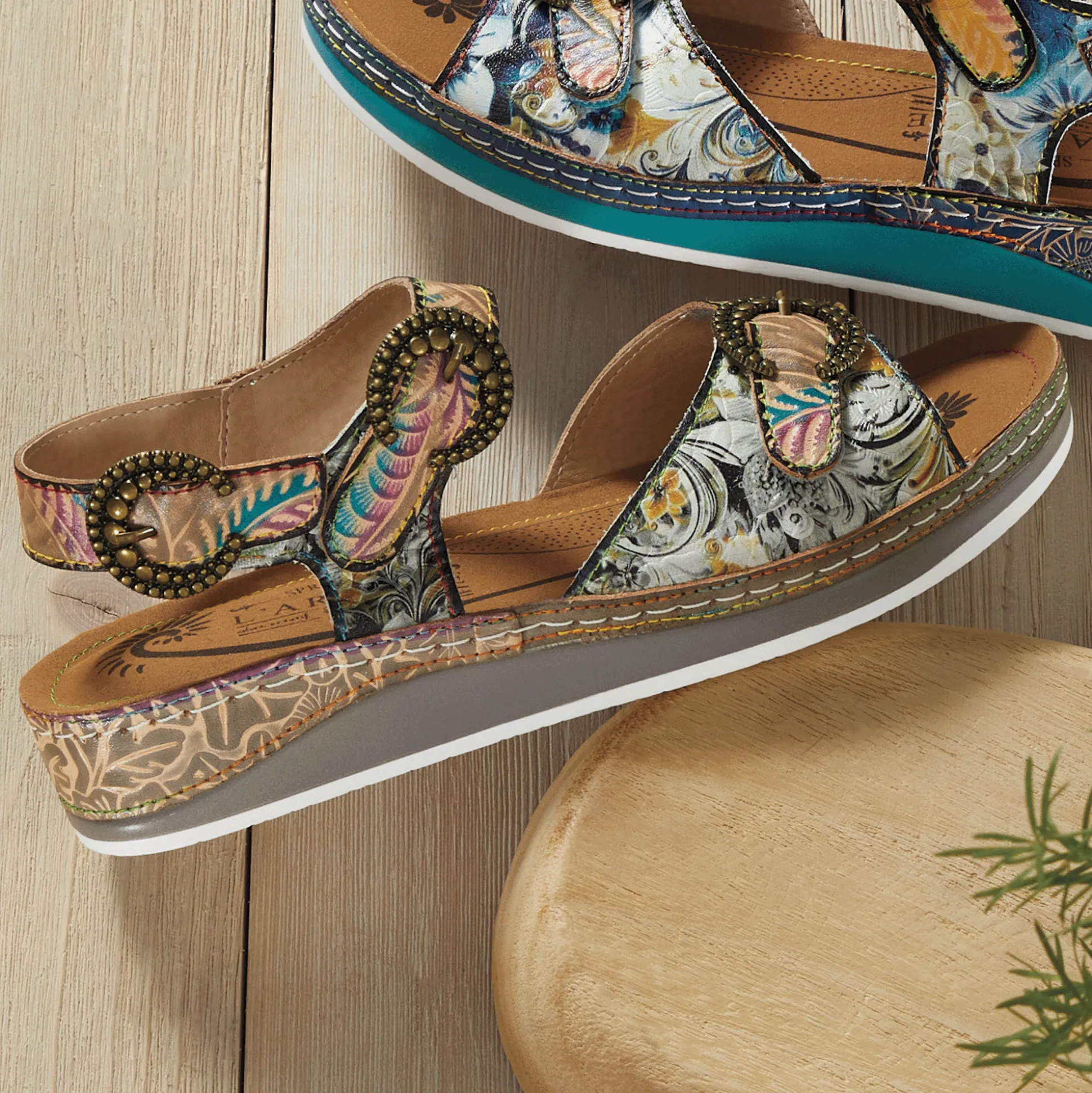 L'Artiste Offtrak Hand-Painted Leather Sandal with Low Heel and Adjustable Fit