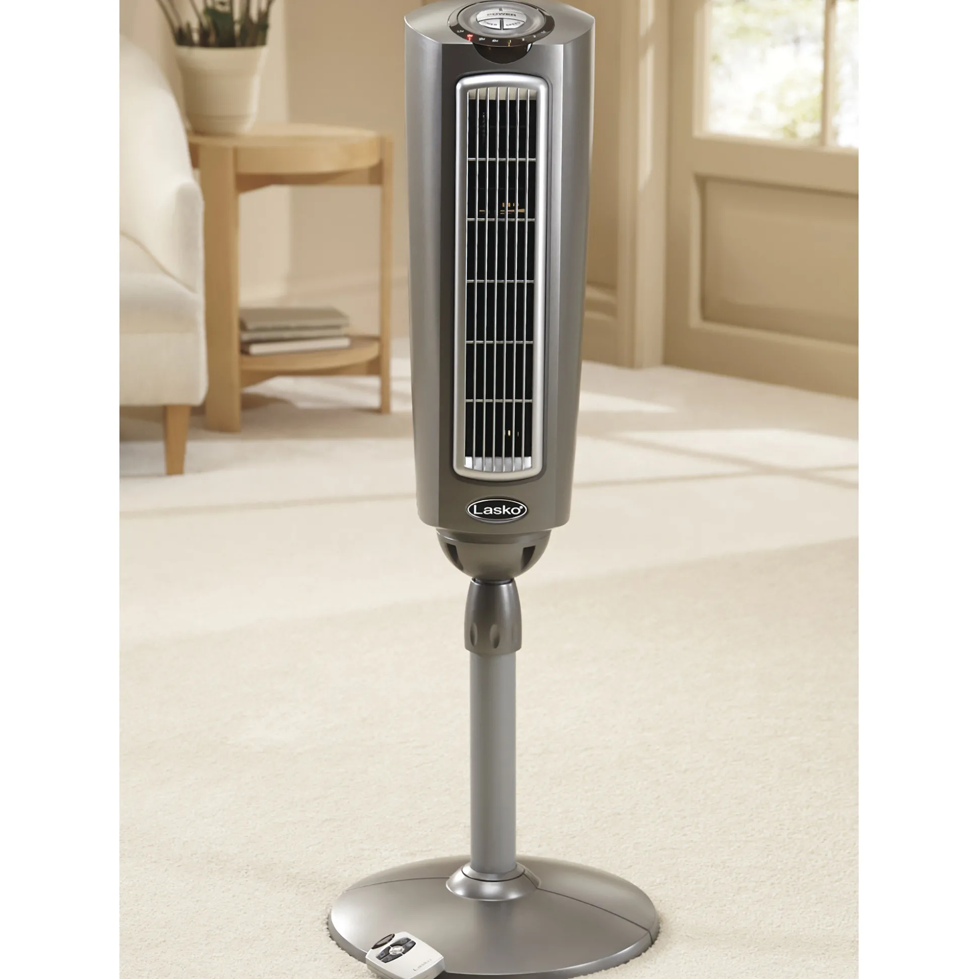 Lasko 52" Adjustable Space-Saving Oscillating Pedestal Tower Fan with 3-Speeds, Timer and Remote, Gray