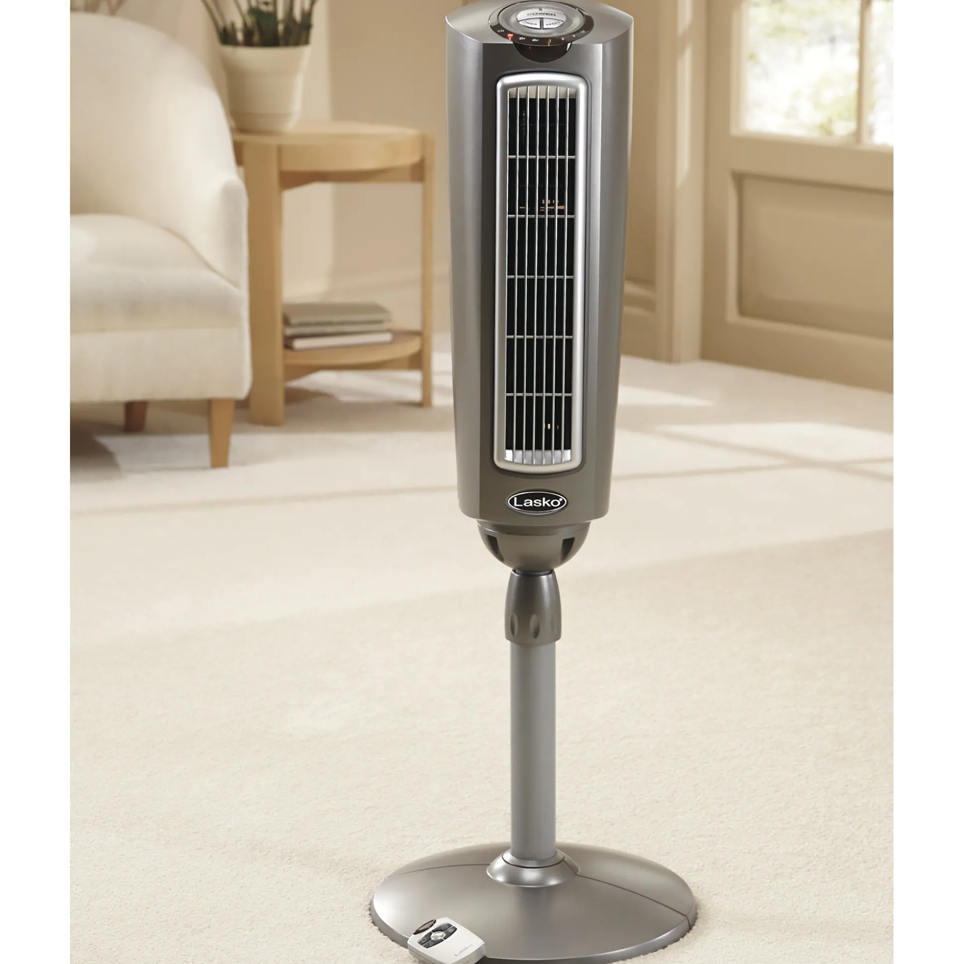 Lasko 52" Adjustable Space-Saving Oscillating Pedestal Tower Fan with 3-Speeds, Timer and Remote, Gray