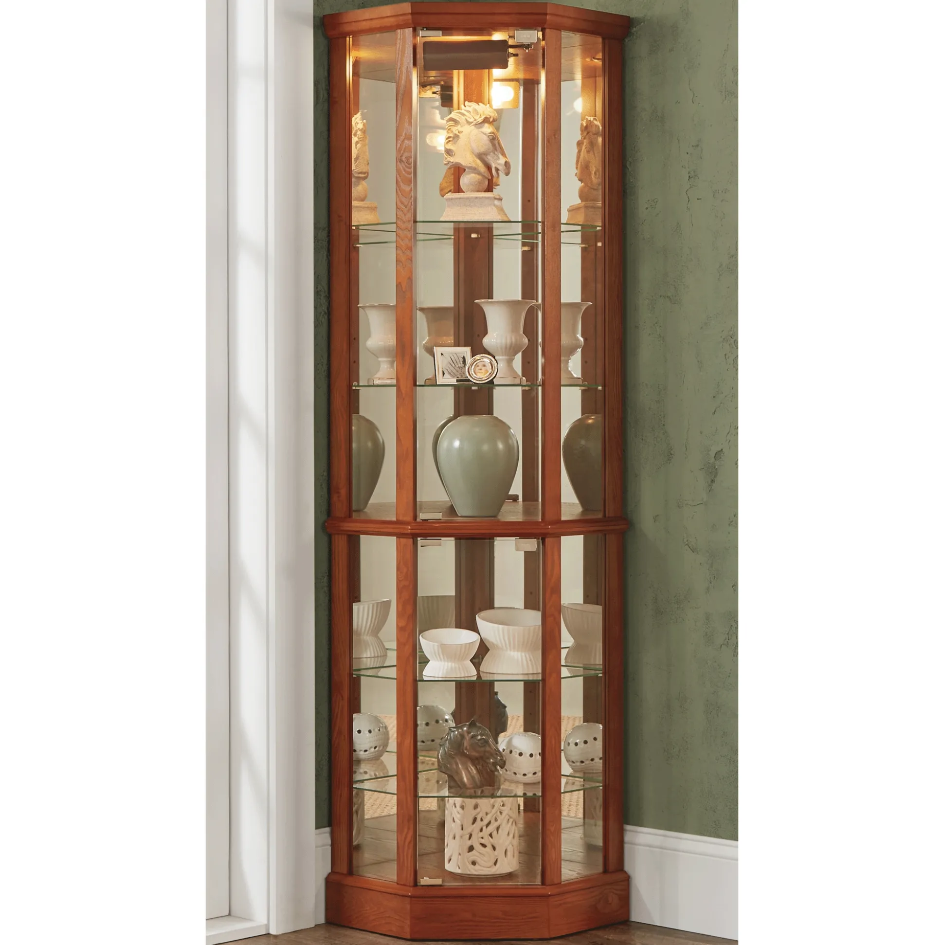 Lighted Corner Curio Display Cabinet with Glass Shelves