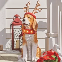 Lit Christmas Hound Dog Statue