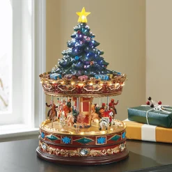 Lit Christmas Tree and Carousel Scene