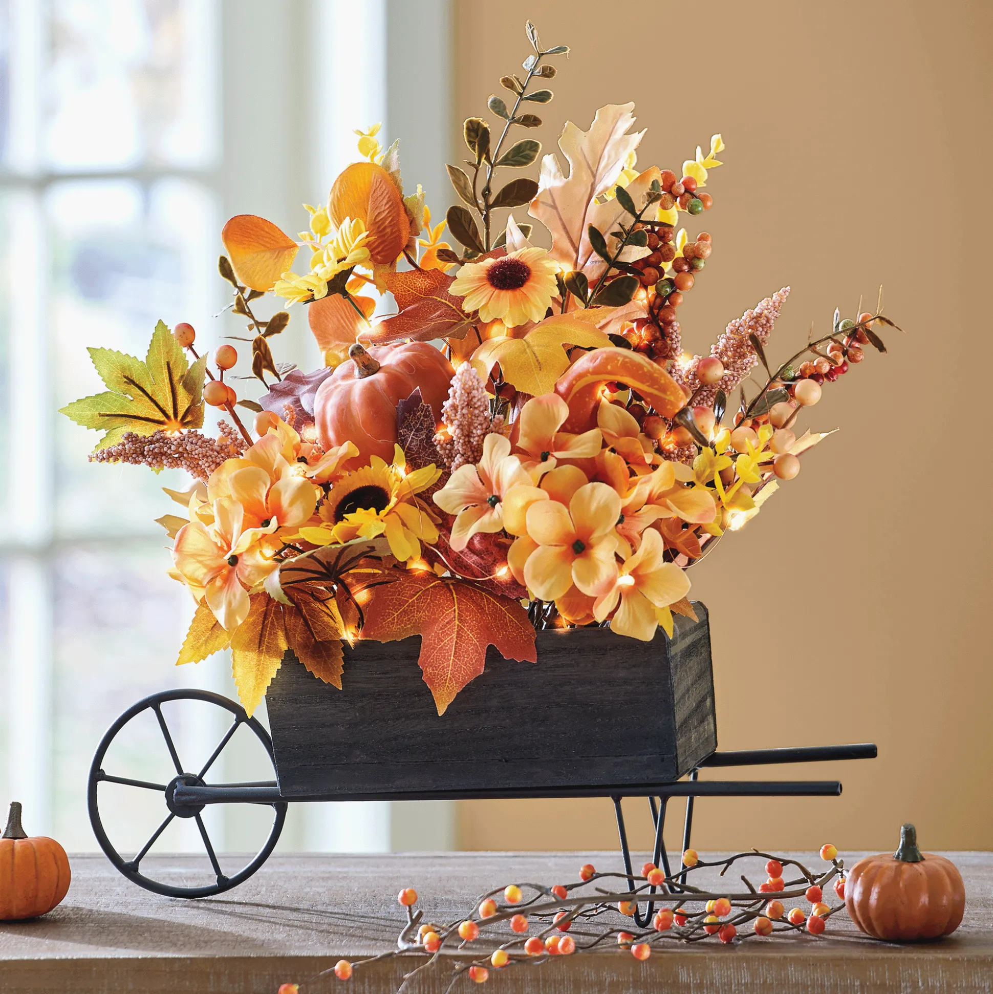 Lit Harvest Wheelbarrow Faux Floral Arrangement