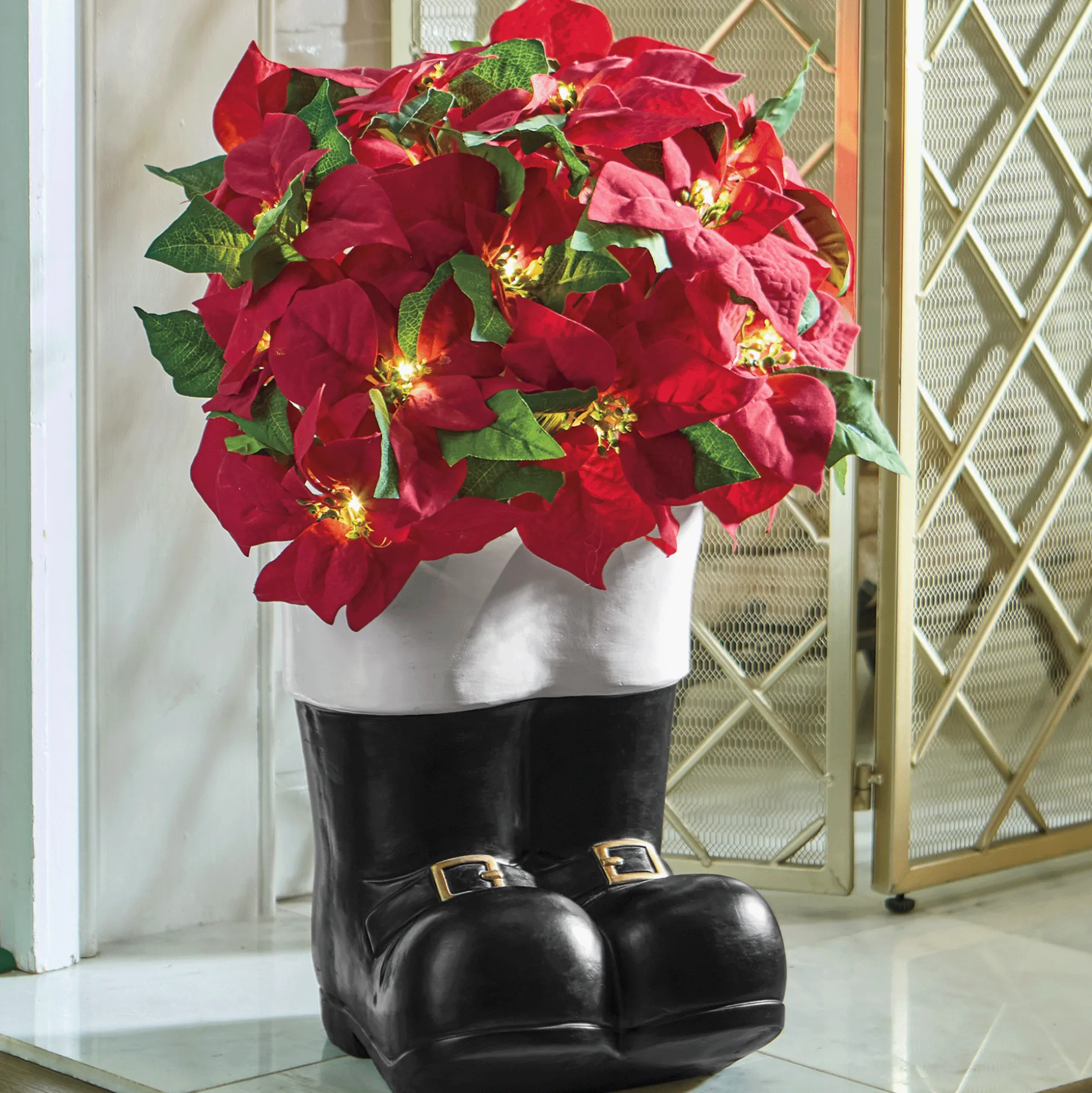 Lit Poinsettia in Santa Boots