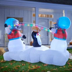 Lit Snowmen Playing Football Inflatable