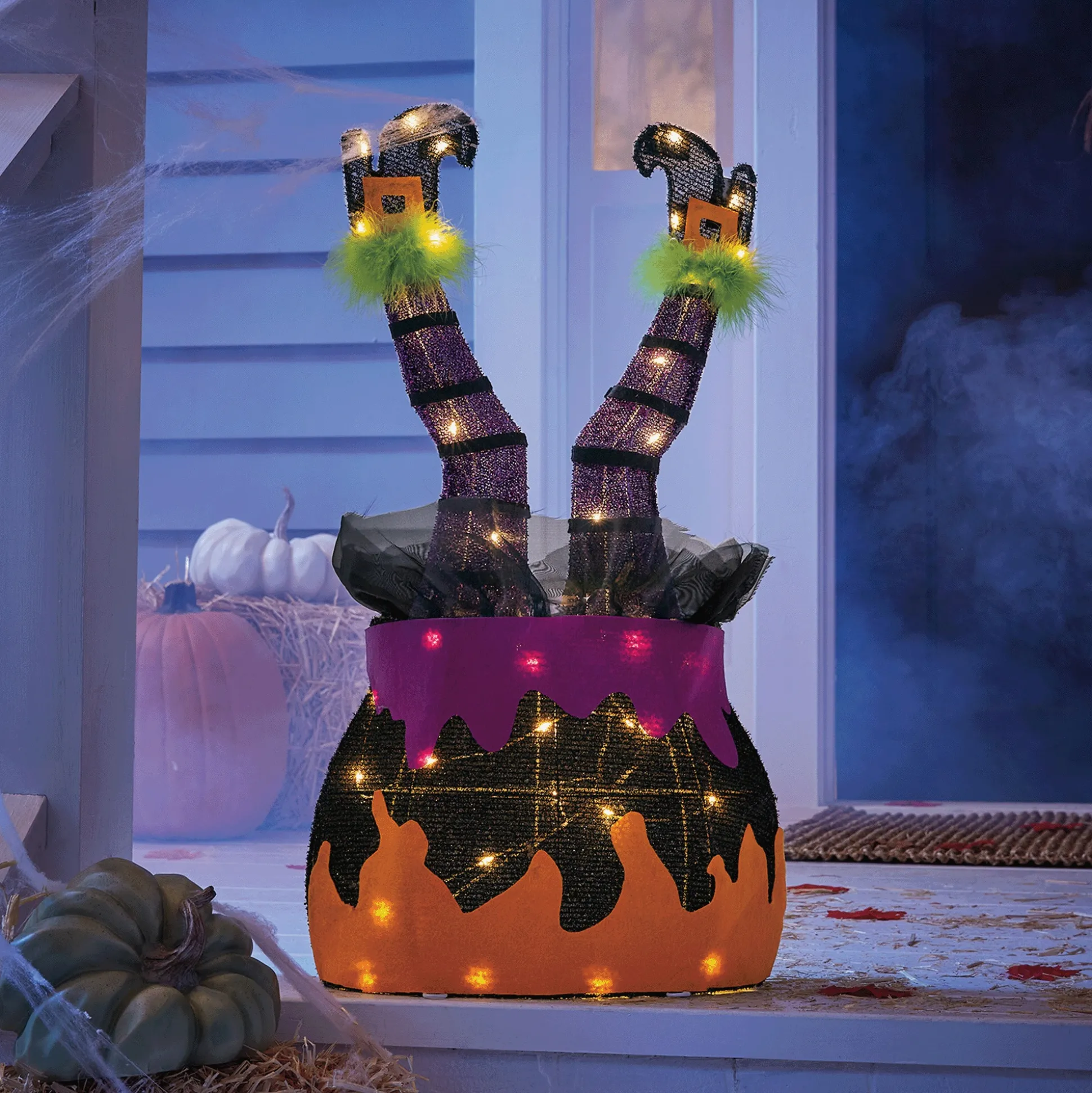 Lit Witch in Cauldron Décor