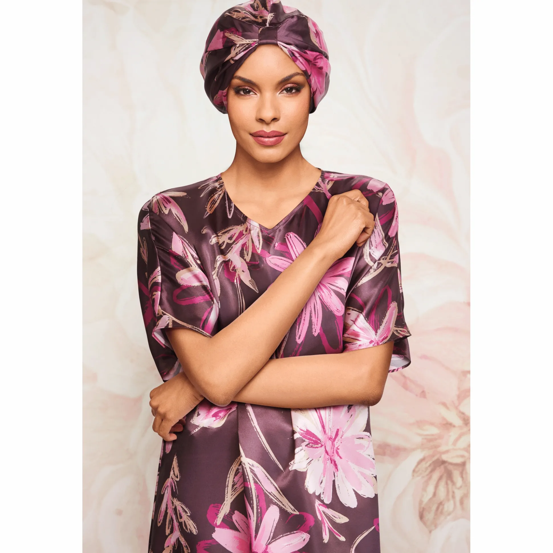 Lucilla 2-Piece Women’s Ruffled Satin Nightgown & Sleep Bonnet Set