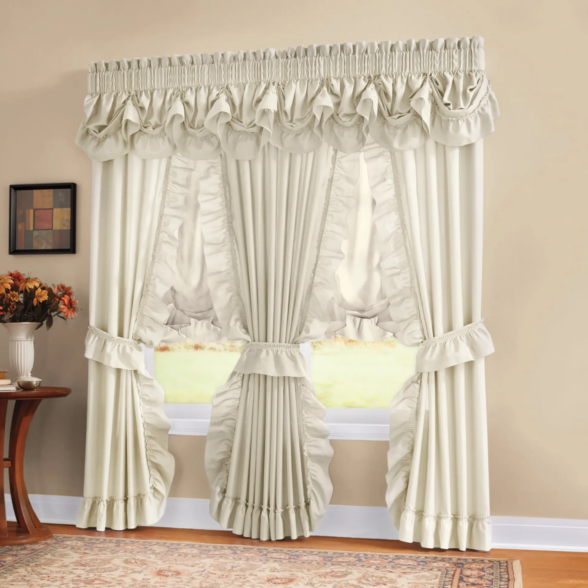 Mayfair Romantic Priscilla Ruffled Semi-Sheer Panel Pair with Tieback