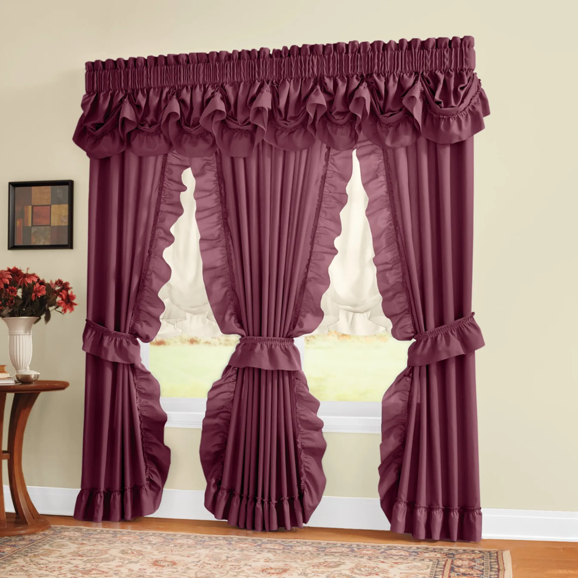 Mayfair Romantic Priscilla Ruffled Semi-Sheer Panel Pair with Tieback
