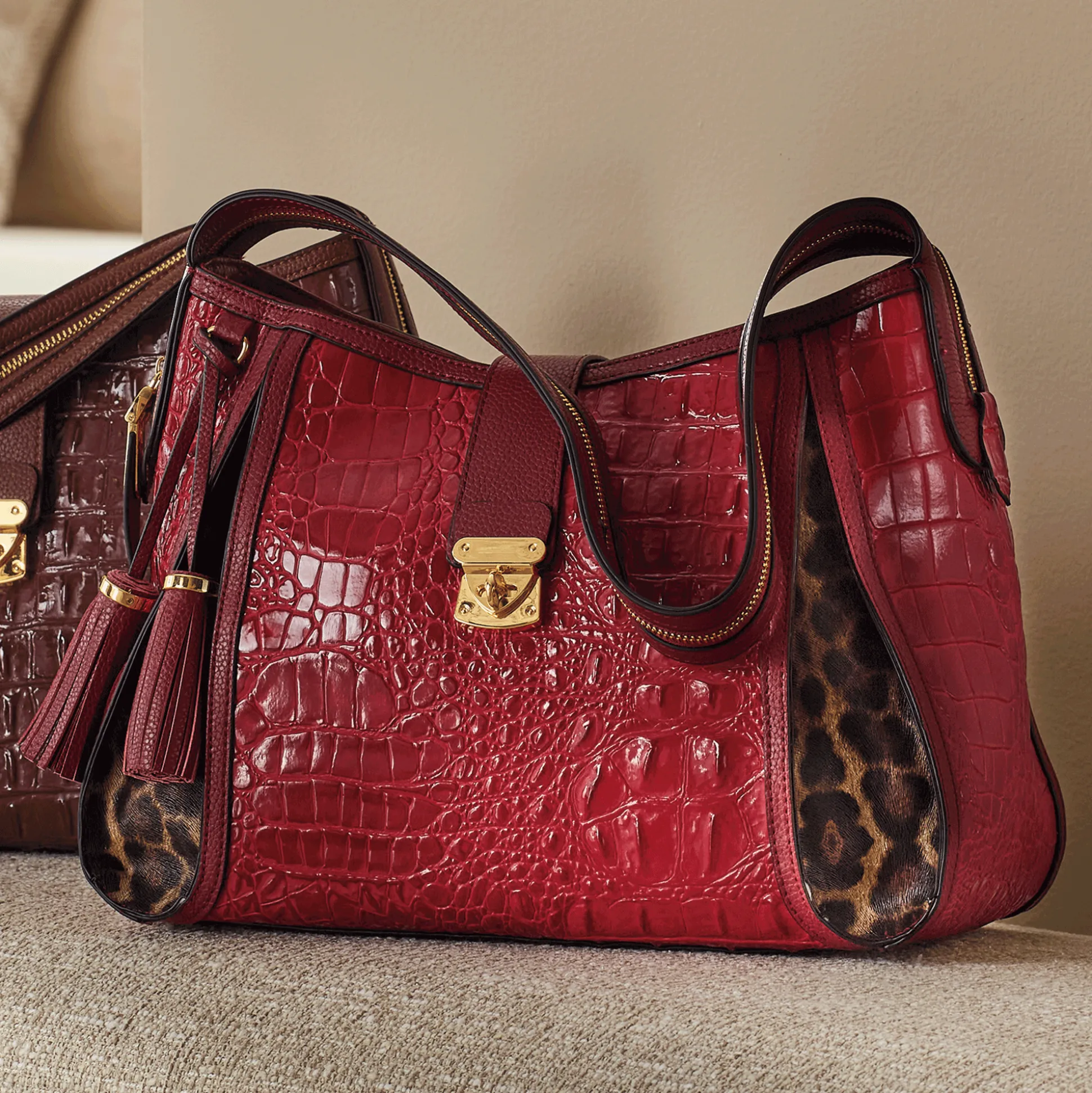 M.C. Handbags Kayden Croco Genuine Leather Satchel with Leopard Print Accents