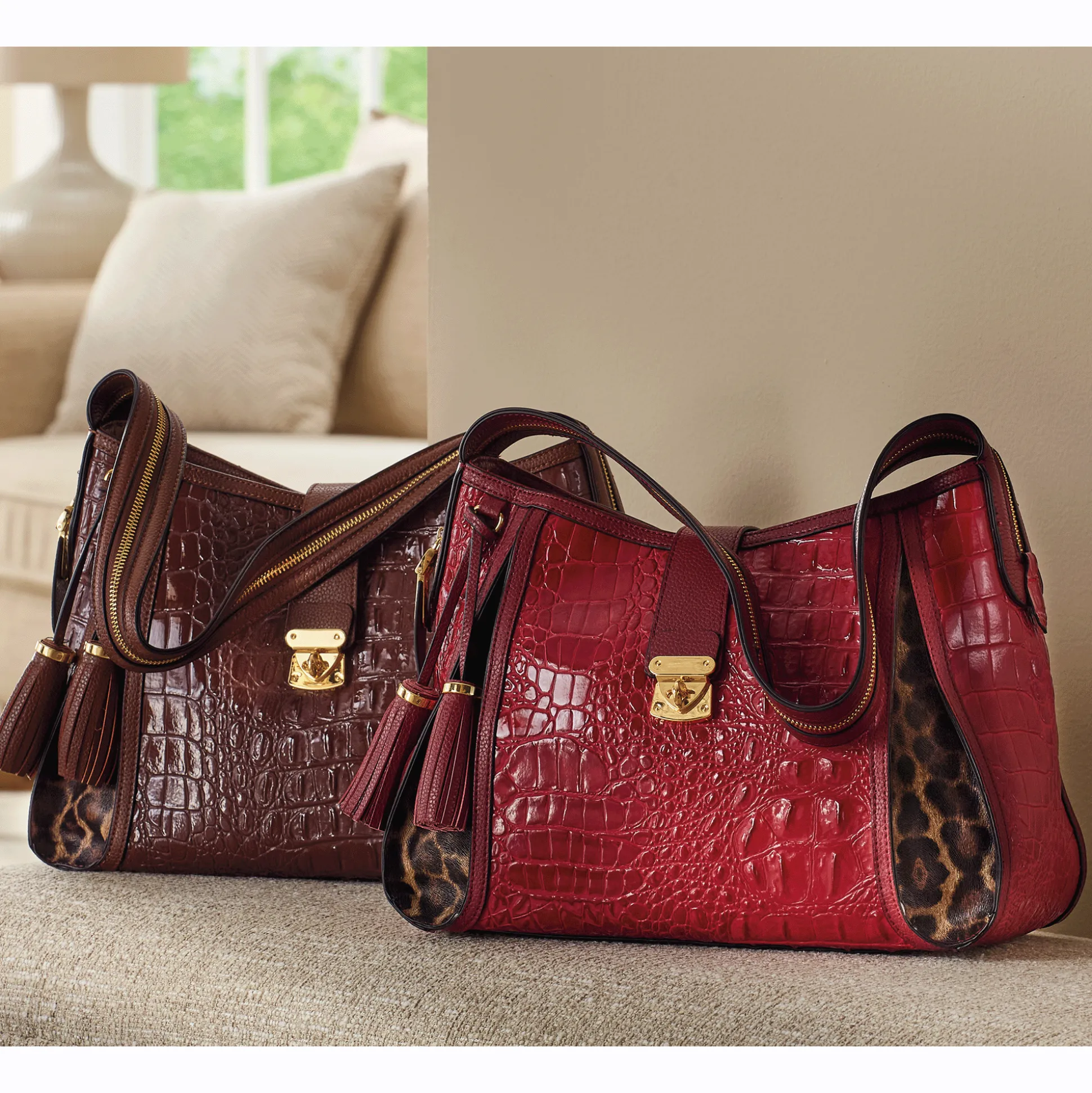 M.C. Handbags Kayden Croco Genuine Leather Satchel with Leopard Print Accents