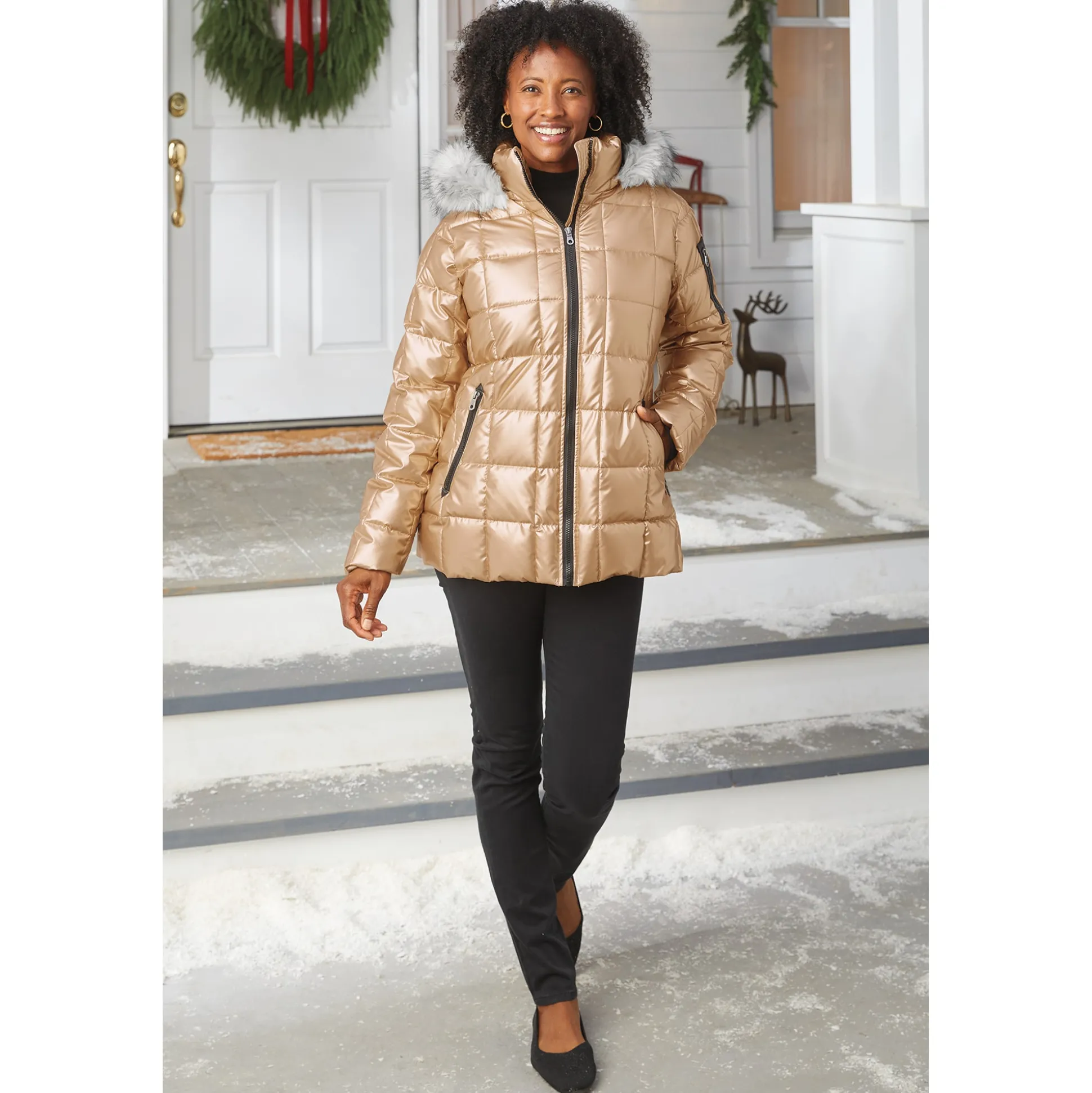 Mia Shiny Puffer Jacket with Faux-Fur Hood