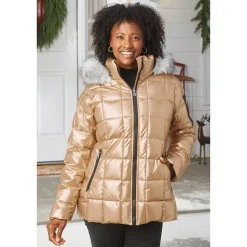 Mia Shiny Puffer Jacket with Faux-Fur Hood