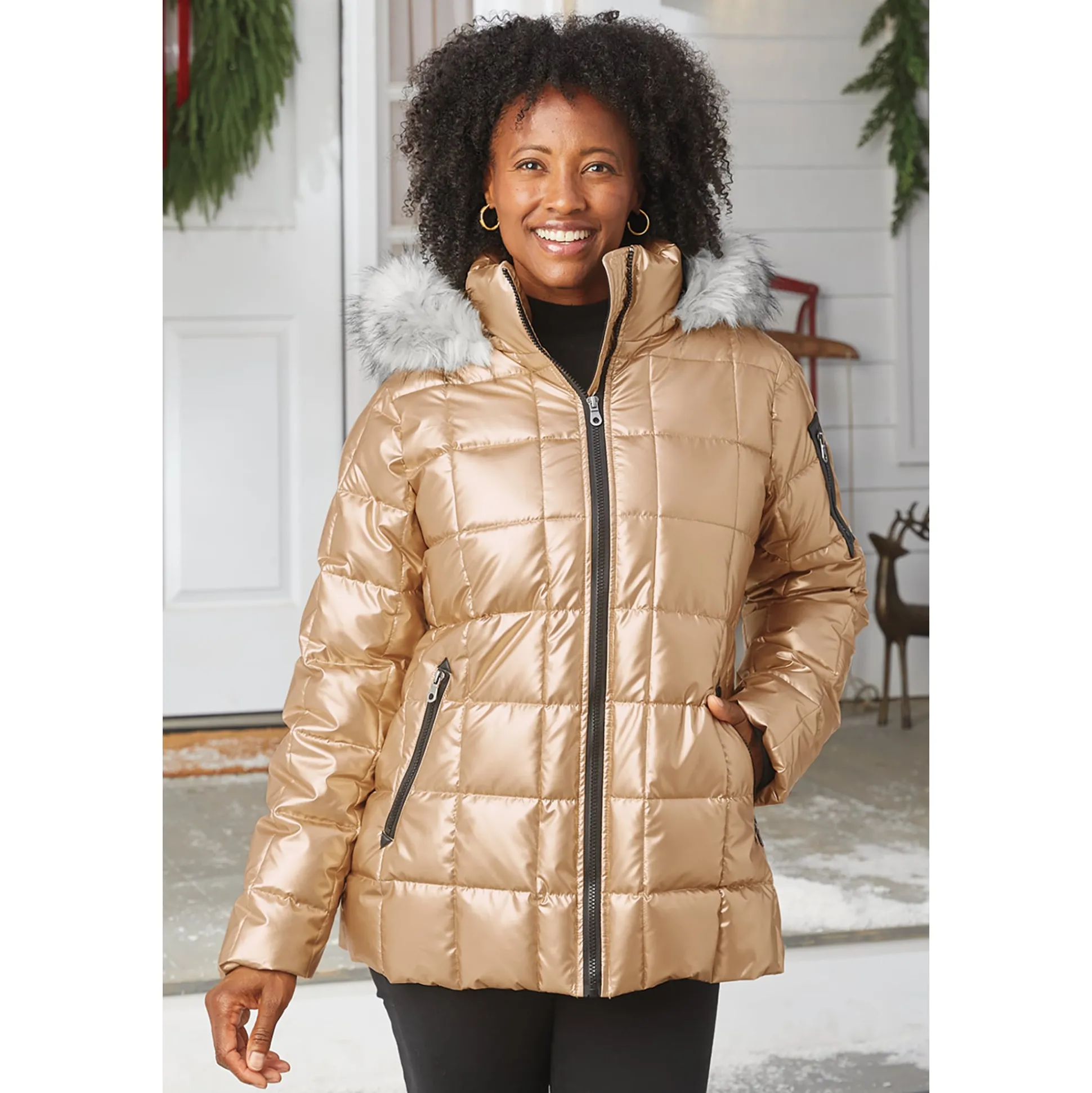 Mia Shiny Puffer Jacket with Faux-Fur Hood