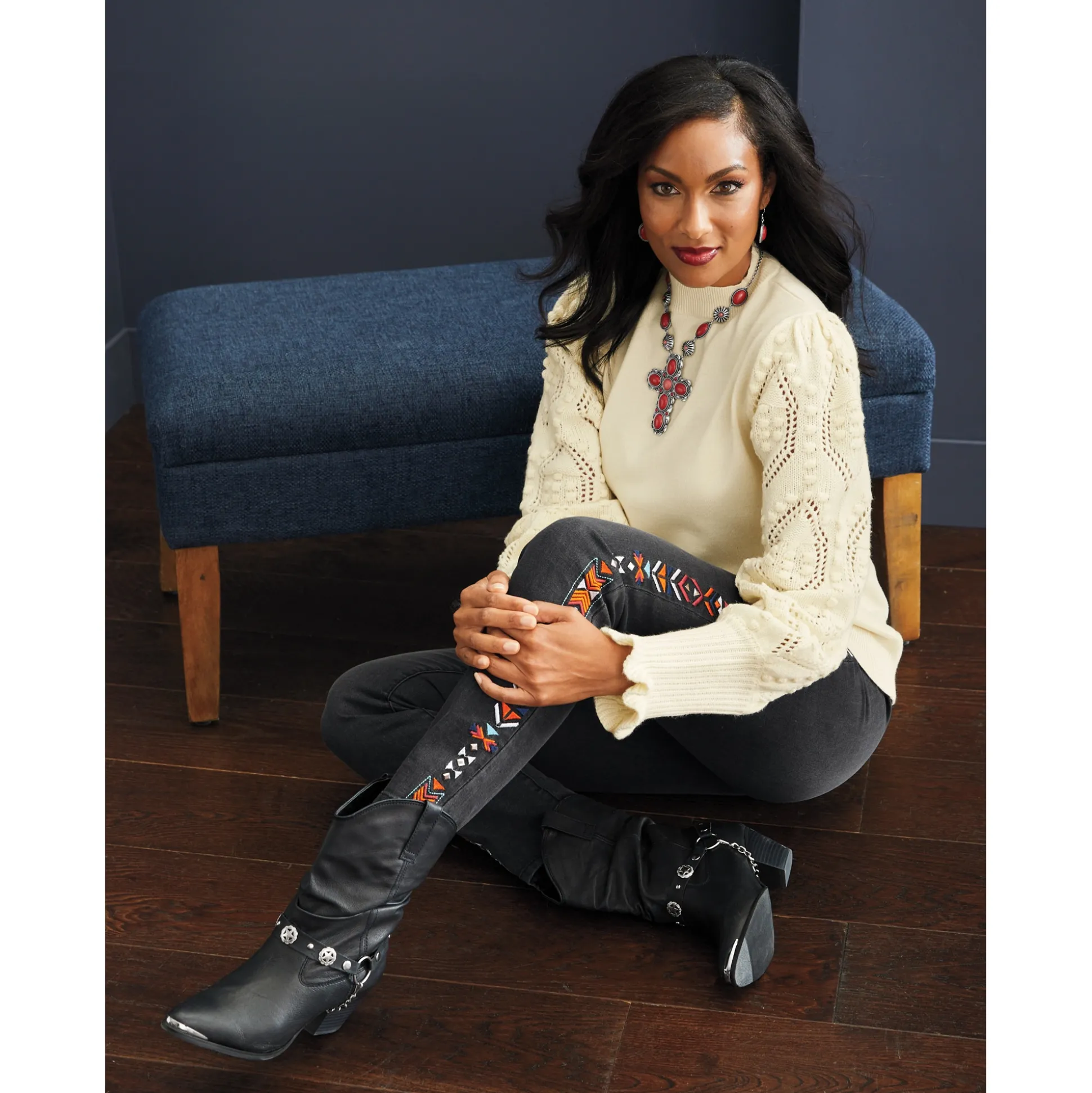 Nora Ribbed Women's Sweater with Pointelle Balloon Sleeves and Mockneck