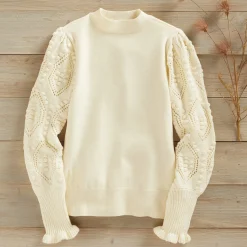 Nora Ribbed Women's Sweater with Pointelle Balloon Sleeves and Mockneck