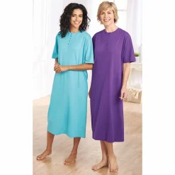 2-Pack Cotton Knit Henley Nightshirts for Women