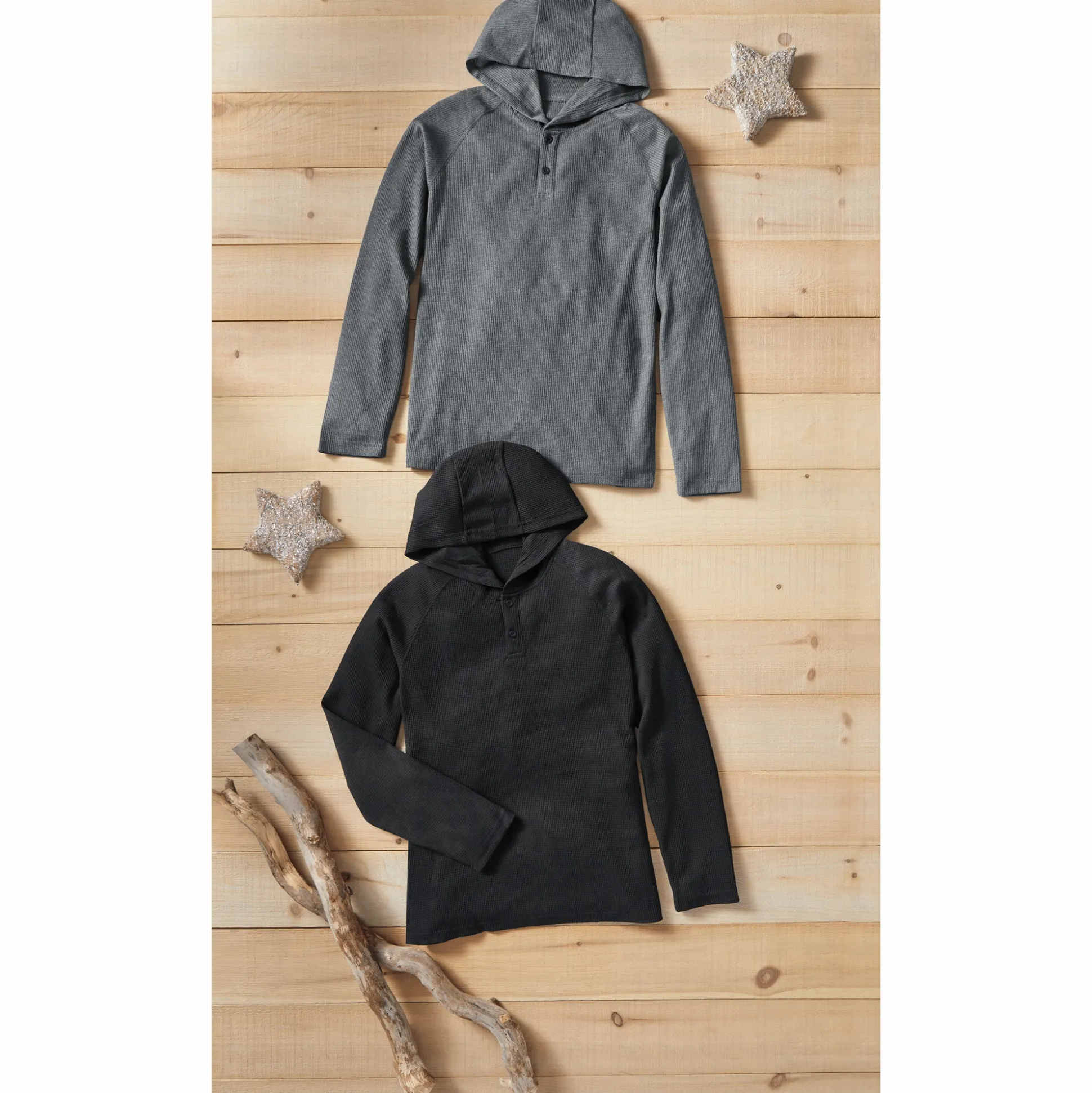2-Pack Thermal Henley Hoodies with Long Sleeves in Waffle Knit