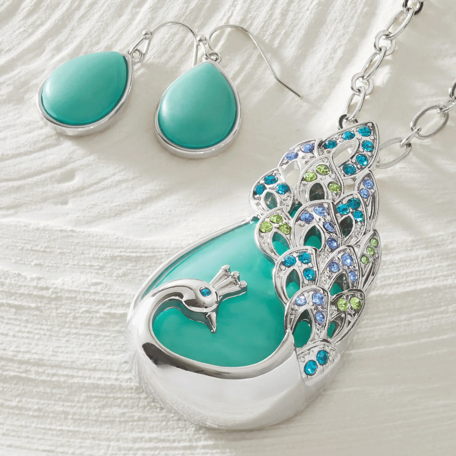 Peacock Faux-Stone/Crystal Necklace & Earring Set