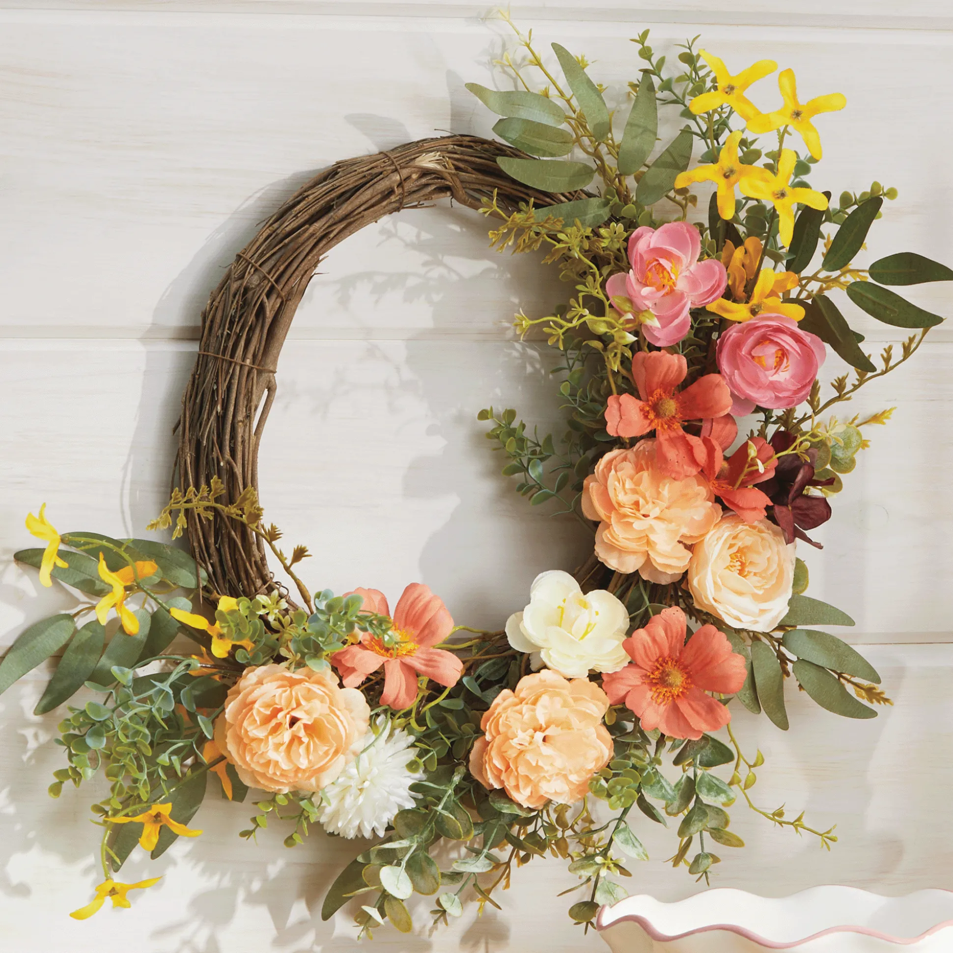 Peony and Forsythia Half-Wreath