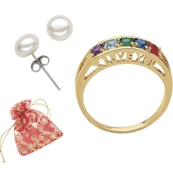 Personalized I Love You Family Birthstone Ring and Freshwater Pearl Earrings