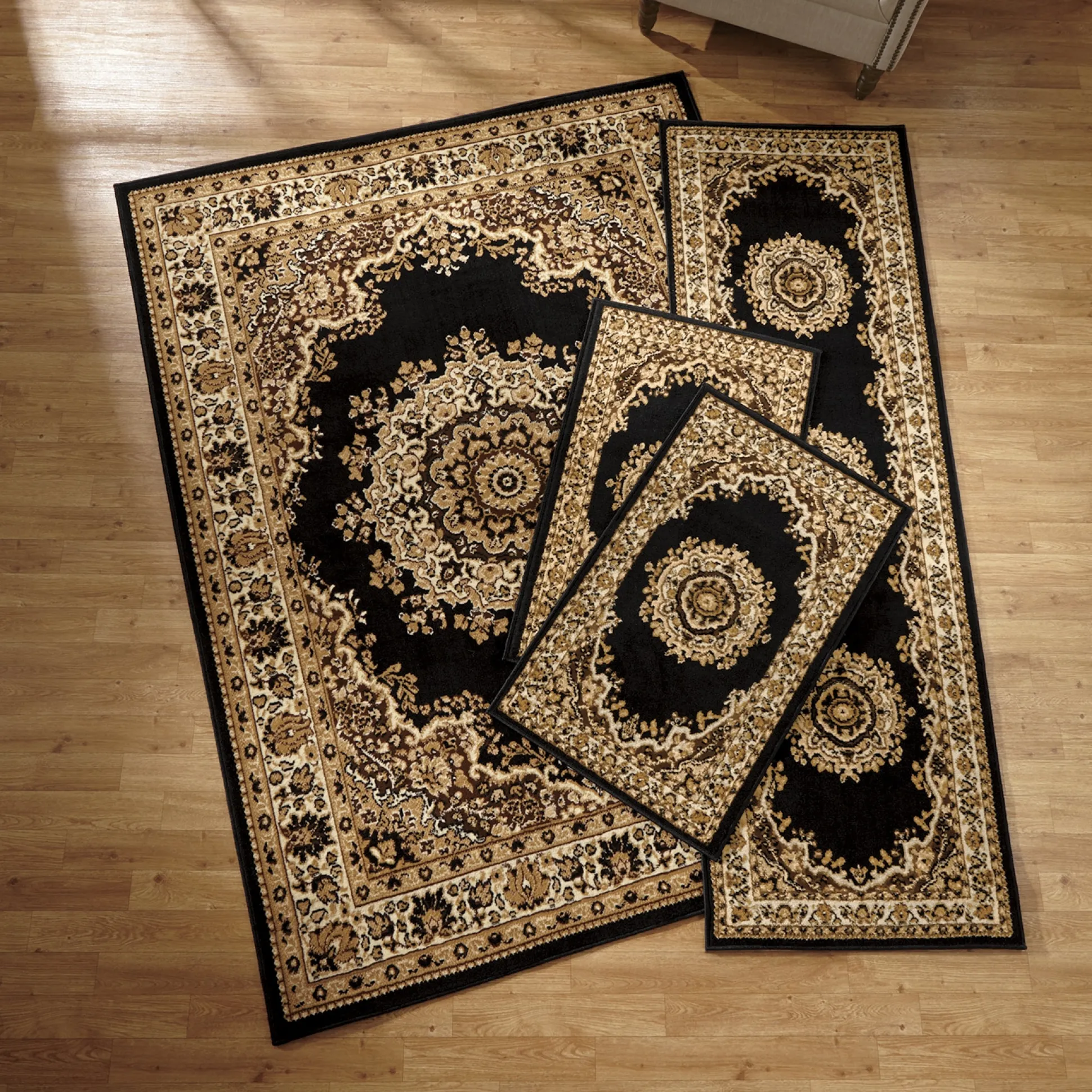 4-Piece Plush Floral Kirman Rug Set with Runner and Mats