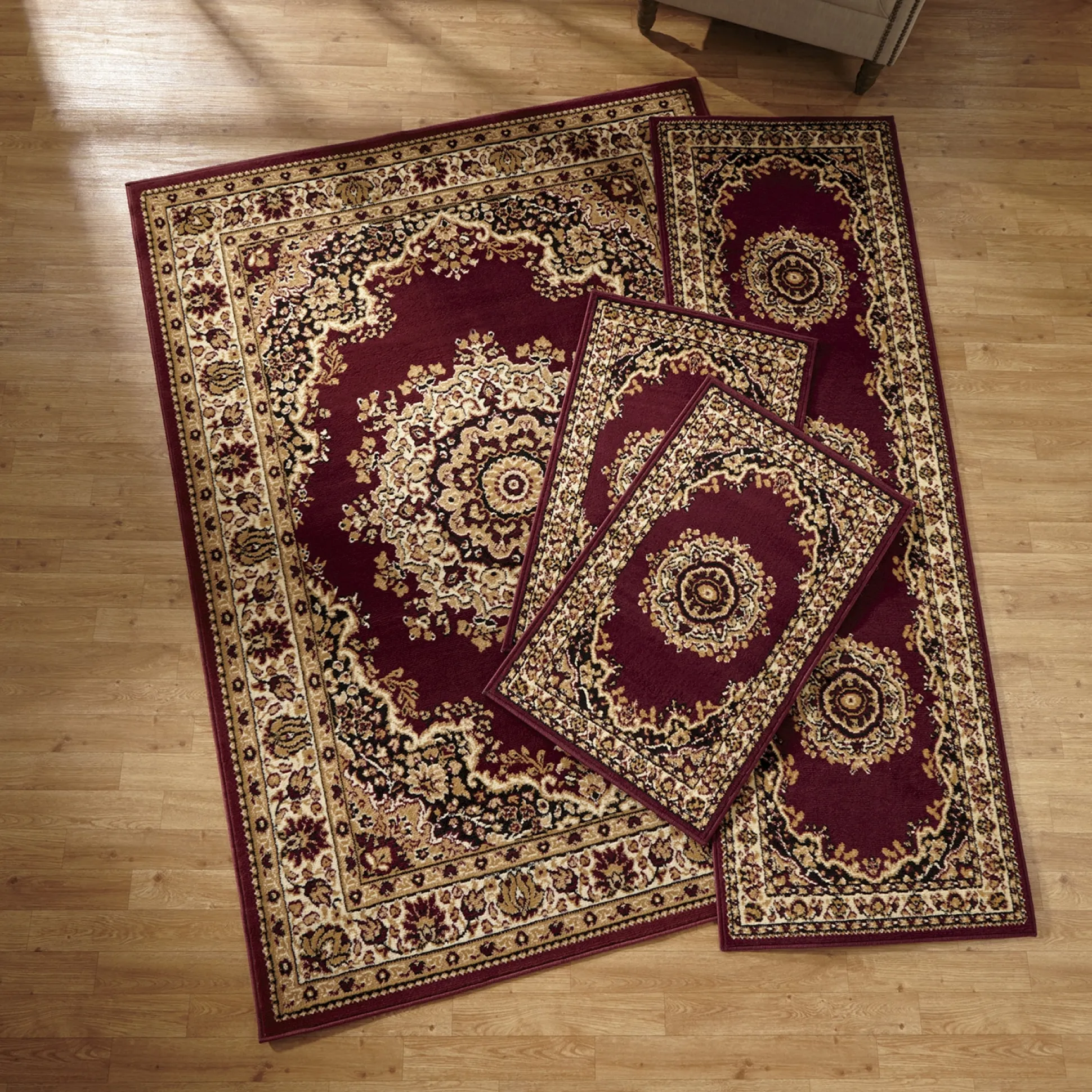 4-Piece Plush Floral Kirman Rug Set with Runner and Mats