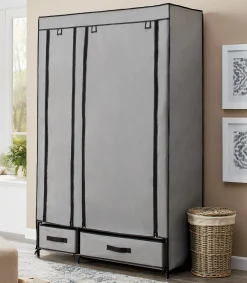 Portable Fabric Storage Wardrobe with Drawers and Hanging Bar