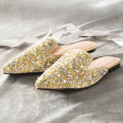 Rhinestone Satin Mule – Low Heel Slip-On Dress Shoe with Sparkling Crystals